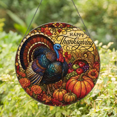 Happy Thanksgiving Turkey And Pumpkin Stained Glass Harvest Window Decor For Farmhouse Stained Glass Suncatcher