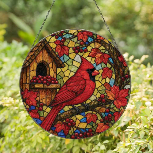 Red Cardinal Birdhouse Stained Glass Autumn Window Decor for Fall Home and Bird Lovers Stained Glass Suncatcher