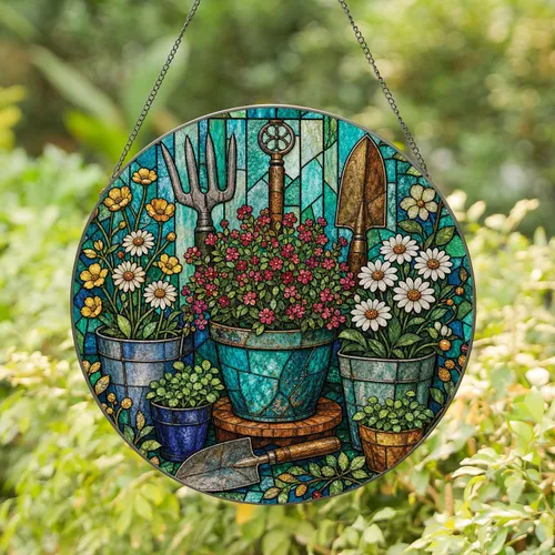 Stained Glass Garden Tools And Flower Pots For Rustic Farmhouse Window Decor Gifts Stained Glass Suncatcher