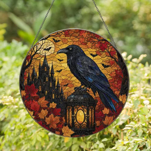 Gothic Raven Lantern Halloween Window Decor For Autumn Home Lovers And Collectors Stained Glass Suncatcher