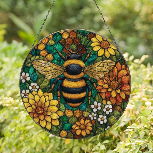 Bumblebee Honeycomb Stained Glass Garden Decor For Kitchen Window And Bee Lovers Stained Glass Suncatcher