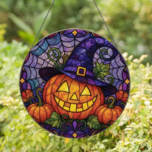 Halloween Jack-O'-Lantern Witch Hat Stained Glass Window Decor For Spooky Home Displays Stained Glass Suncatcher