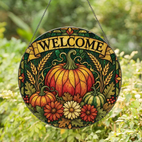 Stained Glass Pumpkin Welcome Sign For Autumn Harvest Farmhouse Decor Stained Glass Suncatcher