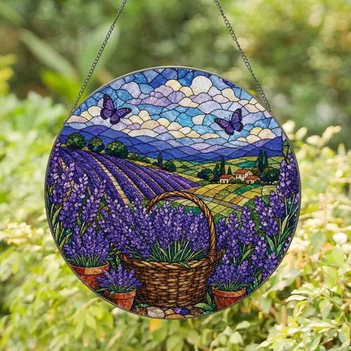 Lavender Garden Stained Glass Window Decor For Farmhouse Kitchens And Flower Lovers Stained Glass Suncatcher
