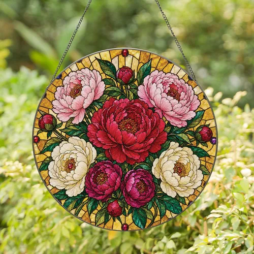 Peony Stained Glass Floral Bouquet for Colorful Window Decor and Housewarming Gifts Stained Glass Suncatcher