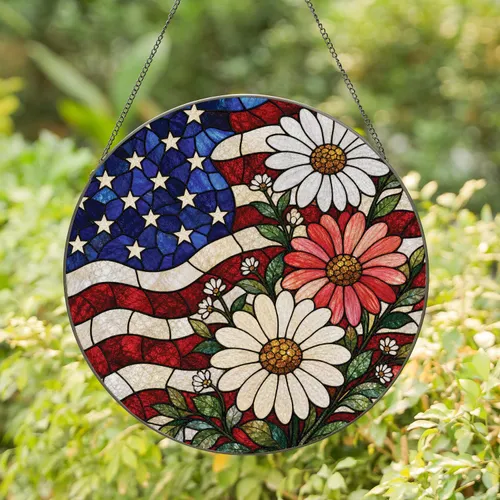 Patriotic Daisy Flag Stained Glass Window Decor For July Fourth Home And Garden Gift Stained Glass Suncatcher
