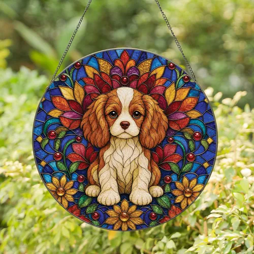 Stained Glass Spaniel Puppy With Autumn Flowers Cozy Window Gift For Dog Lovers Stained Glass Suncatcher