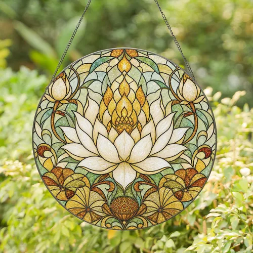 Ivory Lotus Stained Glass Window Decor for Serene Home And Garden Retreat Lovers Stained Glass Suncatcher
