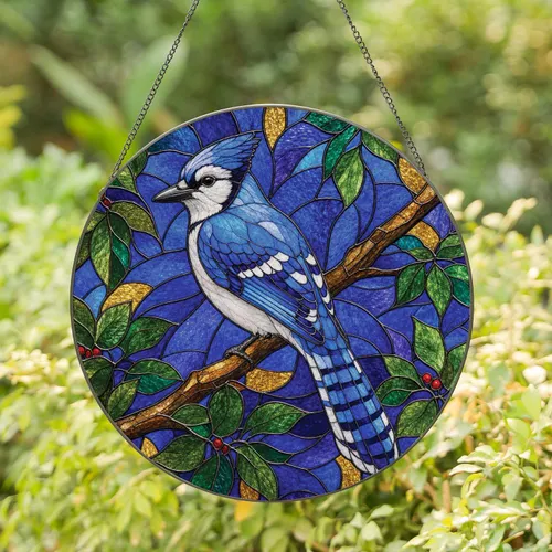 Blue Jay Stained Glass Garden Decor for Nature Lovers and Birdwatchers Stained Glass Suncatcher
