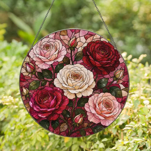 Leaded Stained Glass Rose Bouquet Window Decor For Romantic Garden Home Gift Giving Stained Glass Suncatcher