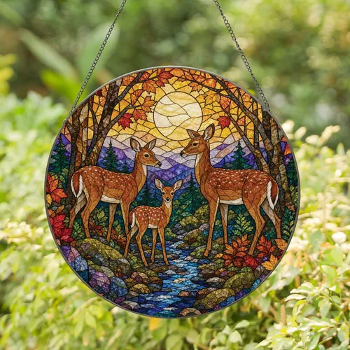 Autumn Deer Stained Glass Window Hanging Decor for Rustic Woodland Cabin Nature Lovers Stained Glass Suncatcher