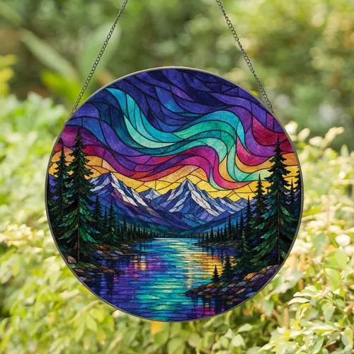 Aurora Mountain Lake Stained Glass Window Accent for Cozy Cabins and Nature Lovers Stained Glass Suncatcher