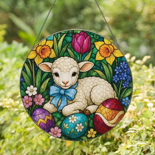 Stained Glass Easter Lamb With Floral Eggs For Spring Window Decor And Easter Gifts Stained Glass Suncatcher