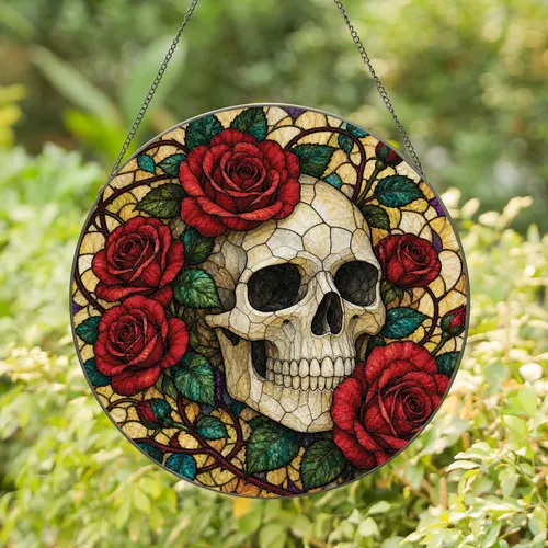 Stained Glass Sugar Skull And Red Roses Gothic Halloween Day Of The Dead Home Decor Stained Glass Suncatcher