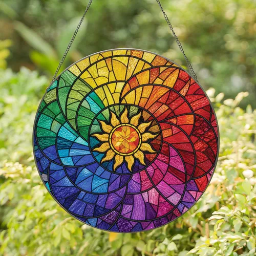 Rainbow Stained Glass Sun Mosaic For Boho Window Decor And Housewarming Gift Giving Stained Glass Suncatcher