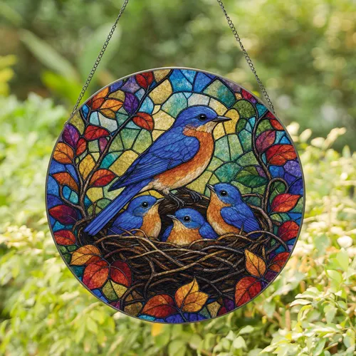 Bluebird Family Stained Glass Window Hanging for Autumn Home Decor and Bird Lovers Stained Glass Suncatcher