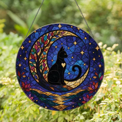 Black Cat Crescent Moon Stained Glass Night Window Decor for Witchy Home Gift Giving Stained Glass Suncatcher