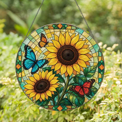 Sunflower Butterfly Stained Glass Garden Decor for Cheerful Home Window Display Stained Glass Suncatcher