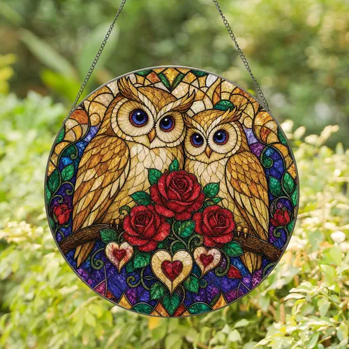 Stained Glass Owl Couple With Roses for Romantic Window Decor and Valentine Gifts Stained Glass Suncatcher