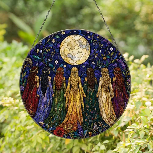 Moonlit Priestess Circle Stained Glass Decor For Pagan Altar And Witchy Home Stained Glass Suncatcher