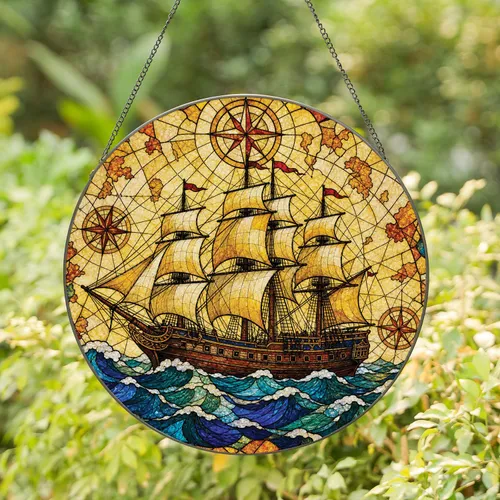 Stained Glass Sailing Ship Nautical Map Decor For Coastal Home And Maritime Gift Lovers Stained Glass Suncatcher