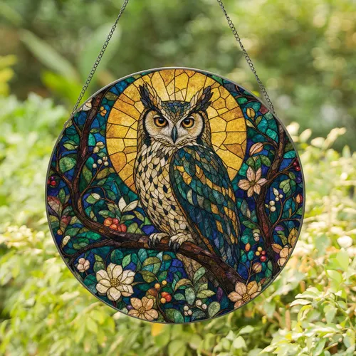 Horned Owl Stained Glass Window Hanging Decor for Woodland Home and Nature Lovers Stained Glass Suncatcher