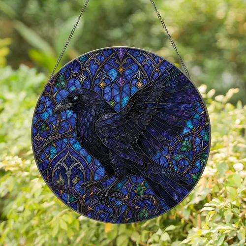 Gothic Black Raven Stained Glass Window Decor for Halloween and Witchy Home Lovers Stained Glass Suncatcher