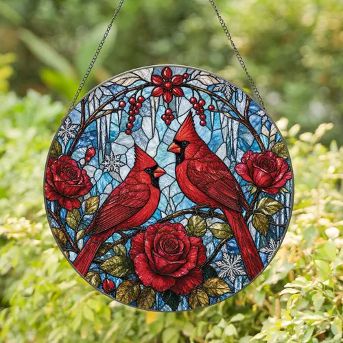 Red Cardinal Rose Stained Glass Window Decor For Christmas Garden Lovers Stained Glass Suncatcher