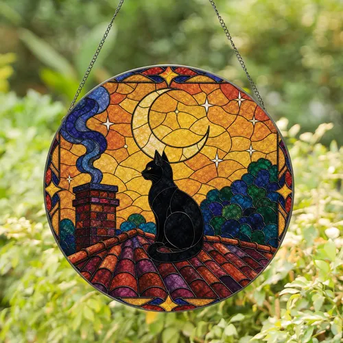 Black Cat And Crescent Moon Stained Glass Window Decor For Halloween Home Lovers Stained Glass Suncatcher