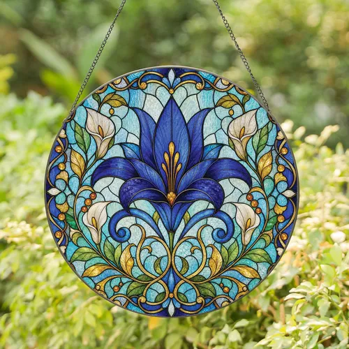 Royal Blue Lily Stained Glass Window Decor For Elegant Botanical Home Gift Giving Stained Glass Suncatcher