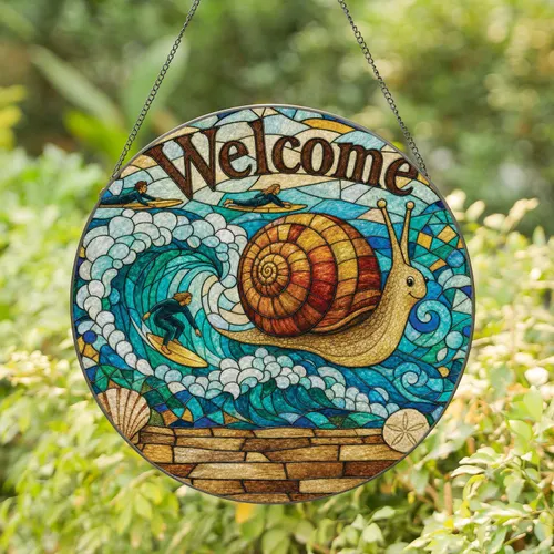 Stained Glass Snail Surfer Welcome Scene For Beach House Coastal Wall Decor Gift Stained Glass Suncatcher
