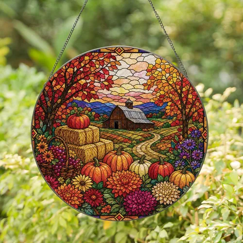 Autumn Farmhouse Barn And Pumpkins Stained Glass Decor For Thanksgiving Harvest Homes Stained Glass Suncatcher