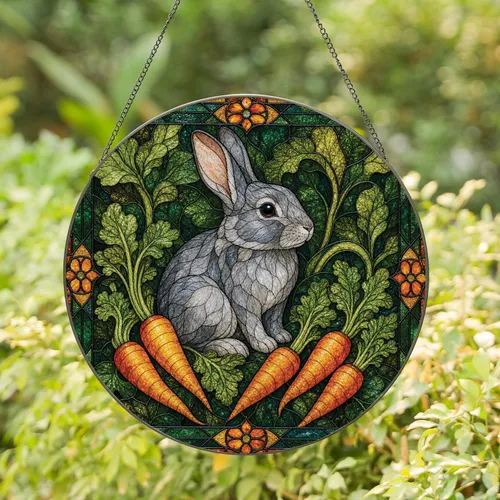Gray Rabbit With Carrots Stained Glass Garden Decor For Spring Kitchen Gift Lovers Stained Glass Suncatcher