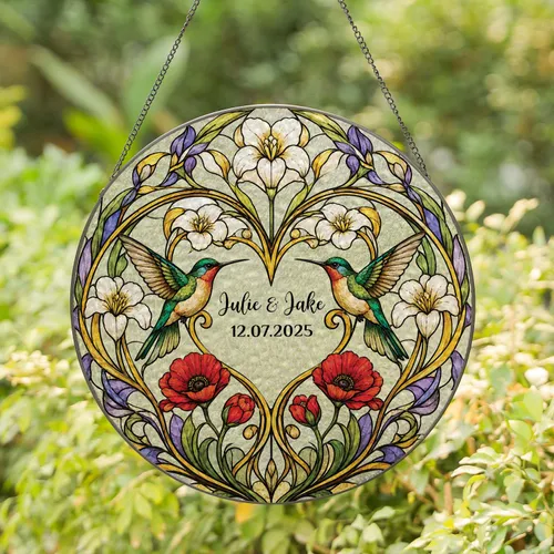 Personalized Couple Suncatcher, Hummingbird Stained Glass Wedding Anniversary Gift, Custom Name Date Love Birds Decor