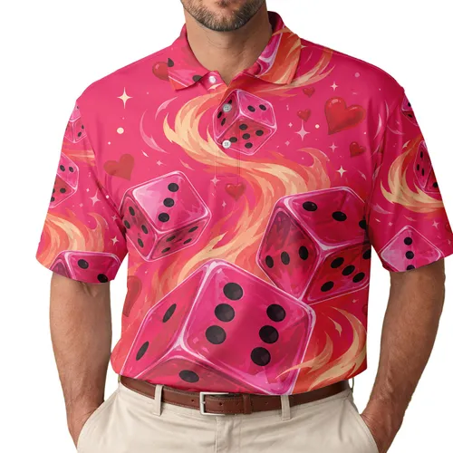 Hot Pink Dice With Flames And Hearts For Lucky Date Nights And Bold Streetwear Looks Men's Polo Shirt