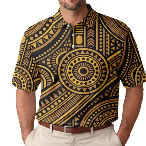 Black And Gold Geometric Medallion Motif For Resort Wear, Parties, And Evening Outings Men's Polo Shirt