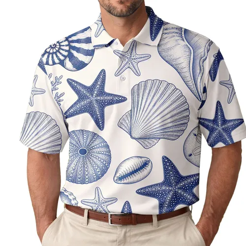 Navy Starfish And Seashell Coastal Marine Motifs For Beach Vacation Resort Wear Men Men's Polo Shirt