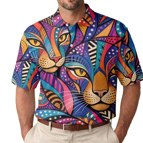 Colorful Abstract Cat Faces For Beach Getaways And Art Loving Cat Style Enthusiasts Men's Polo Shirt