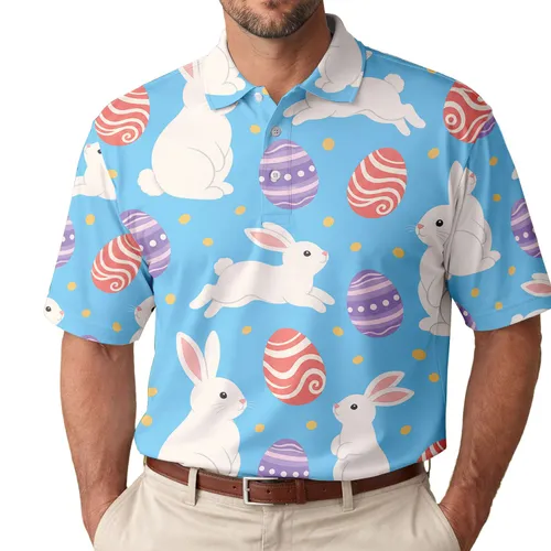 Easter Bunny And Decorated Egg Sky Blue Casual Spring Vacation Wear For Men And Dads Men's Polo Shirt