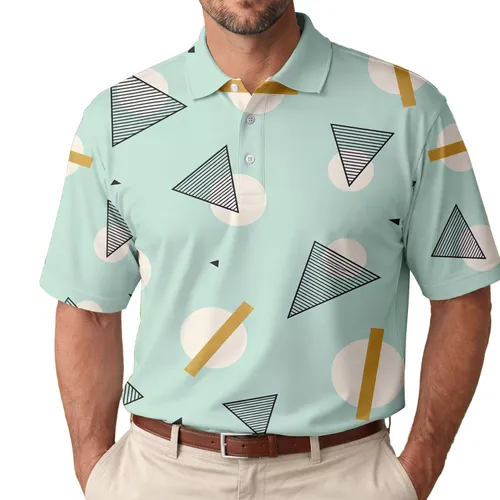 Mint Aqua Memphis Geometric Circles And Striped Triangles For Retro Casual Style Men's Polo Shirt
