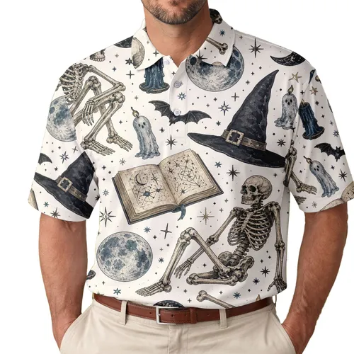 Gothic Halloween Skeleton Moon Witch Hat Occult Party Holiday Wear Men's Polo Shirt