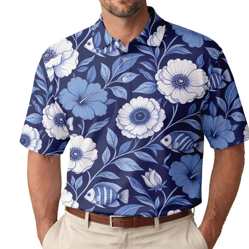 Blue Tropical Fish And Floral Navy Garden For Beach Trips And Resort Wear Men's Polo Shirt