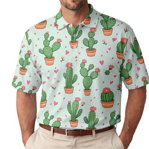 Pink Cactus And Heart Botanical Garden For Cheerful Desert Lovers Men's Polo Shirt