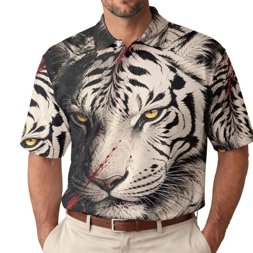 White Tiger Amber Eyes Ink Shadow Crimson Slashes Casual Streetwear Gift For Men Men's Polo Shirt
