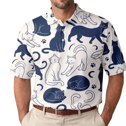 Navy And Ivory Cat Motif For Casual Weekend Wear, Travel Days, And Cat Lover Gifts Men's Polo Shirt