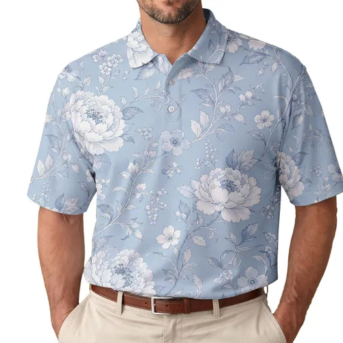 Blue Grey Peony Vine Floral Resort Style For Men's Casual Weekend And Travel Wear Men's Polo Shirt