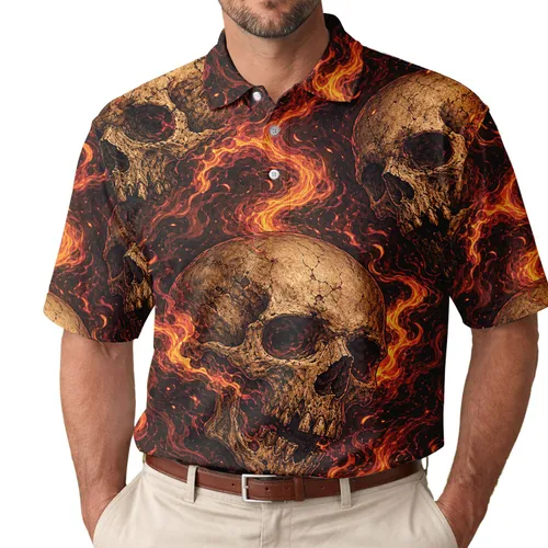 Flaming Skull Inferno For Gothic Concert Nights And Biker Streetwear Enthusiasts Men's Polo Shirt