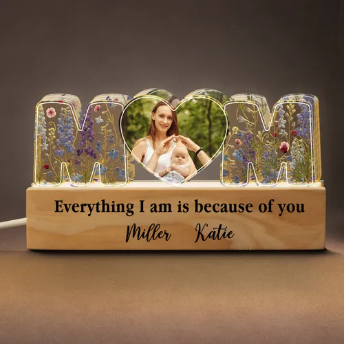 Personalized Mom Photo Night Light – Custom Kids Names LED Lamp with Wildflowers, Christmas Gift for Mom