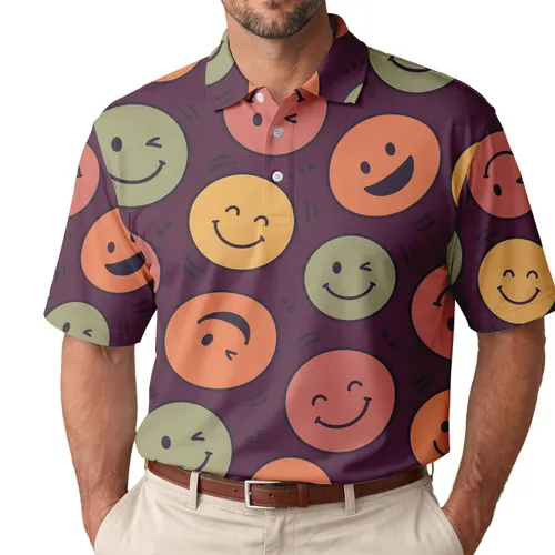 Colorful Smiley Faces for Fun Retro Casual Outfits, Summer Parties, and Gift Giving Men's Polo Shirt