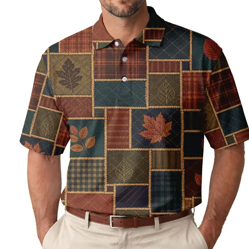 Autumn Patchwork Leaves Vintage Quilt Motif for Casual Outings and Weekend Adventures Men's Polo Shirt